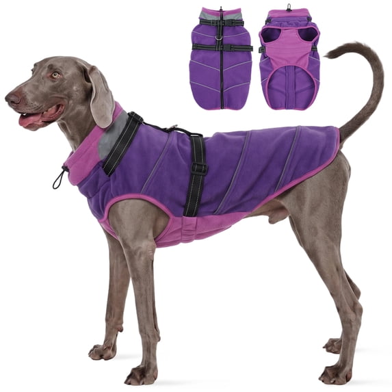 ROZKITCH Fleece Dog Jacket with Harness Built in Reflective Zip-Up Dog Winter Coat Pet Fleece Vest for Large Dogs,Purple,3XL