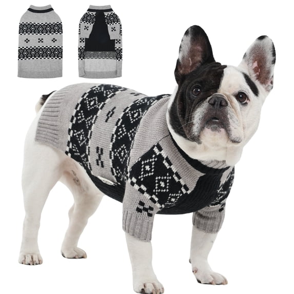 IECOii Warm Dog Sweaters with Fair Isle Pattern Cozy Stretchy Dog Winter Sweater Male Fall Knitwear Mid Neck Pullover for Medium Dogs,Gray,M