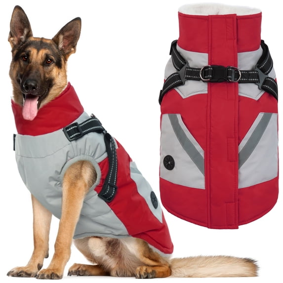 IECOii Waterproof Dog Winter Coat Reflective Dog Jacket with Harness Fleece Lined Snow Jacket for Large Dogs,Red,2XL