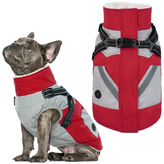 IECOii Waterproof Dog Winter Coat Reflective Dog Jacket with Harness Fleece Lined Snow Jacket for Small Dogs,Red,XS