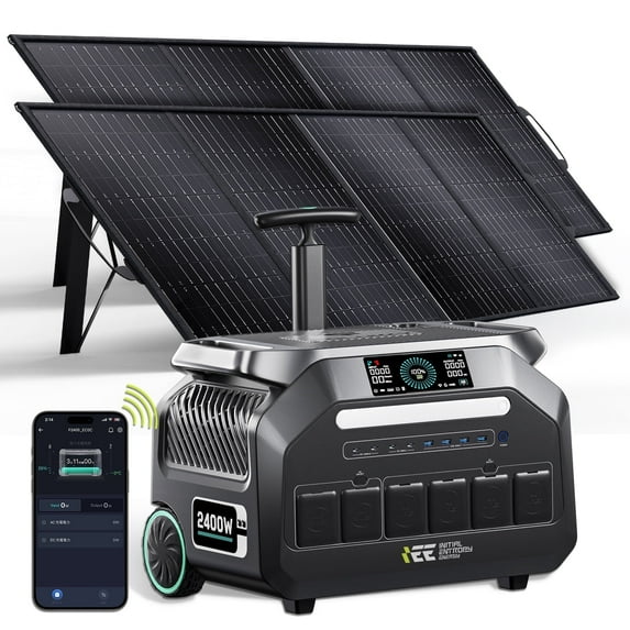 IEE P2400 2048Wh Solar Generator with 2x200W Panels, 2400W (4800W Surge) LiFePO4 Power Station, Fast Charging, APP Control, 16 Ports, UPS Battery Backup for Home, RV, Camping