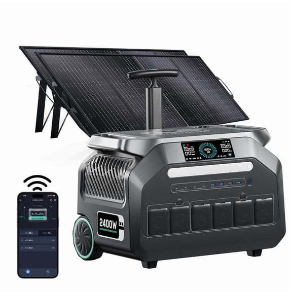 IEE P2400 Portable Solar Generator – 2048Wh 2400W LiFePO4 Power Station with 2x200W Solar Panel, 0.9H Fast Charging, App Control for Home Backup & Outdoor Camping