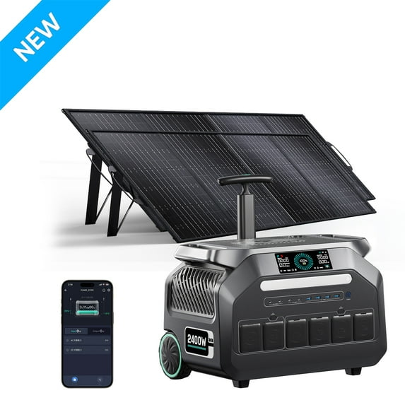 IEE P2400 Solar Generator 2400W/2048Wh LiFePO4 Battery + 2x200W Panel - Fast 0.9H Charge, EPS Backup, App Control for Home & Outdoor