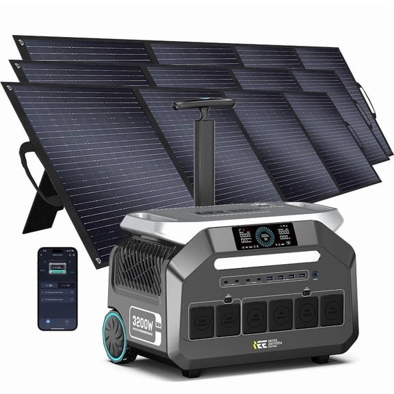 IEE P3200 Solar Generator Kit: 3200W Power Station & 3x200W Panels, 2048Wh for Home Backup, RV & Camping