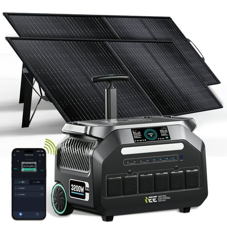 IEE P3200 Solar Generator with 2×200W Solar Panels, 2048Wh LiFePO₄ Power Station (3200W/6400W Peak) with 16 Ports, 1800W Fast AC & Solar Charging, APP Control, EPS Backup for Home, Camping & RVs