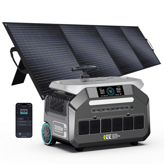 IEE P3200 Solar Generator with 200W Solar Panels, 2048Wh Portable Power Station 3200W (6400W Peak), 1-Hour Fast Charging, LiFePO₄ Battery, APP Control Backup Power for Home, Camping & RVs