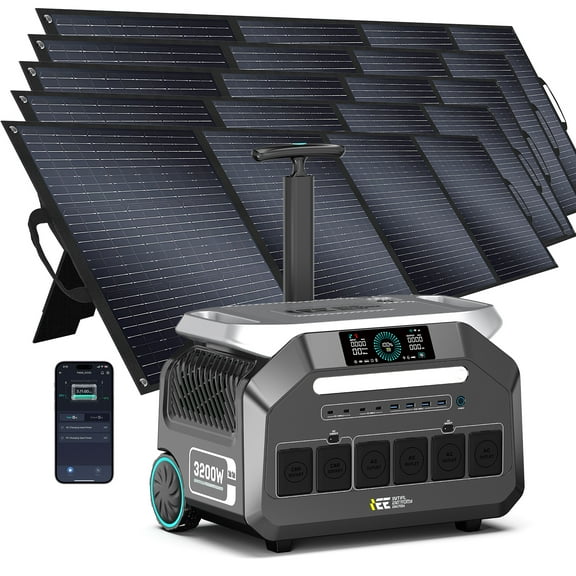 IEE P3200 Solar Generator 2048Wh with 5x200W Panels, 3200W (6400W Surge) LiFePO4 Power Station, 1H Fast Charge, 16 Ports, APP Control, EPS Backup for Home, RV, Camping