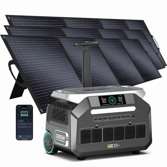 IEE P3200 Solar Generator 2048Wh Power Station with 3x200W Panels – Fast 1H Charge, 1800W Output, APP Control for Home & RV