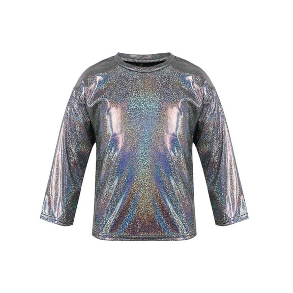 IEFIEL Big & Little Girls Shiny Metallic Holographic T-Shirt Long Sleeve Basic Layer Shirts Blouse Black 2-3