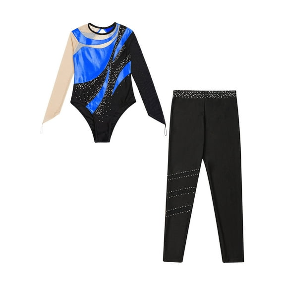 IEFIEL Girls 2Pcs Athletic Fitness Outfit Shiny Metallic Unitard with Pants Leggings Ballet Rhythmic Gymnastics Suit Royal Blue 8