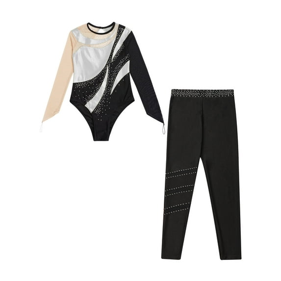 IEFIEL Girls 2Pcs Athletic Fitness Outfit Shiny Metallic Unitard with Pants Leggings Ballet Rhythmic Gymnastics Suit Silver 12
