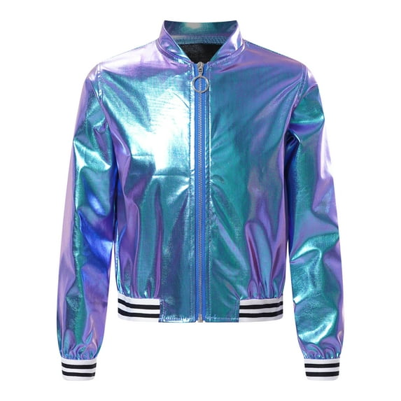 IEFIEL Girls Boys Metallic Bomber Jacket Juniors Long Sleeve Bronzing Coat Outerwear for Hip Hop Jazz Dance Colorful 12