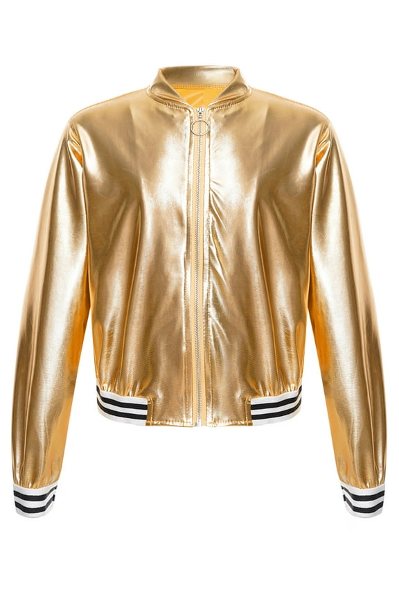 Girls Boys Metallic Bomber Jacket Juniors Long Sleeve Bronzing Coat Outerwear for Hip Hop Jazz Dance Gold 6