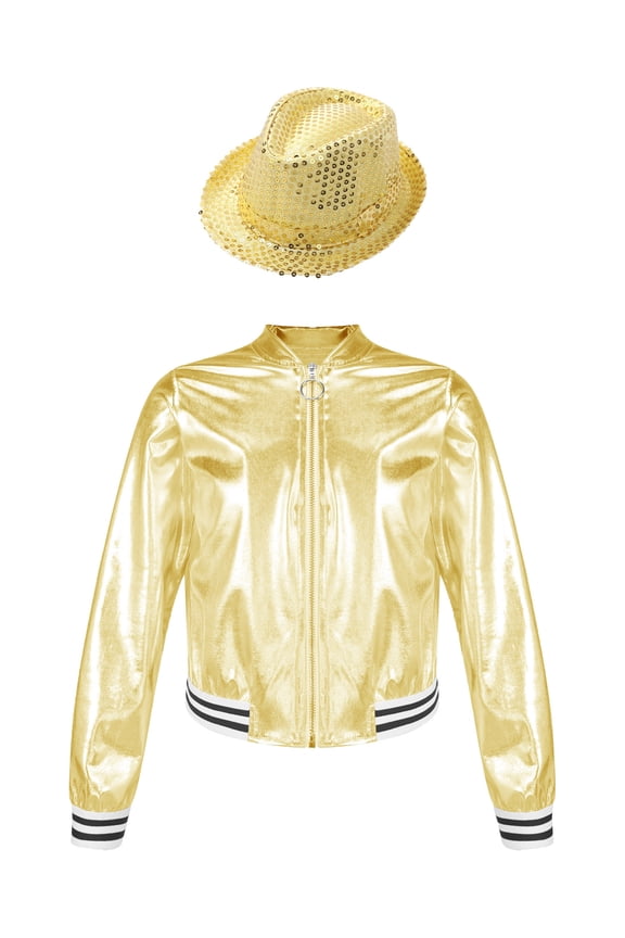 Girls Boys Metallic Bomber Jacket Juniors Long Sleeve Bronzing Coat Outerwear for Hip Hop Jazz Dance Gold-A 6