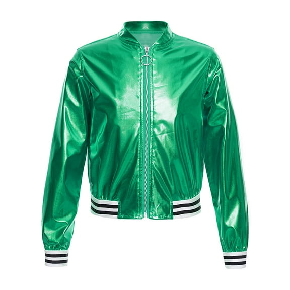 IEFIEL Girls Boys Metallic Bomber Jacket Juniors Long Sleeve Bronzing Coat Outerwear for Hip Hop Jazz Dance Green 12