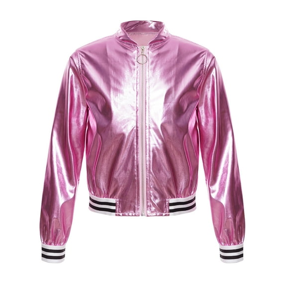 IEFIEL Girls Boys Metallic Bomber Jacket Juniors Long Sleeve Bronzing Coat Outerwear for Hip Hop Jazz Dance Pink-B 8