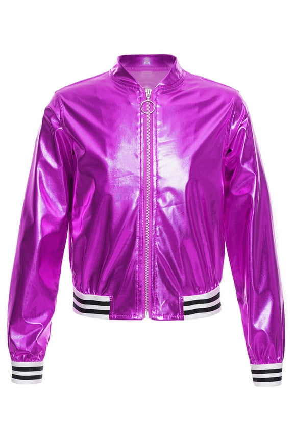 Girls Boys Metallic Bomber Jacket Juniors Long Sleeve Bronzing Coat Outerwear for Hip Hop Jazz Dance Purple 16