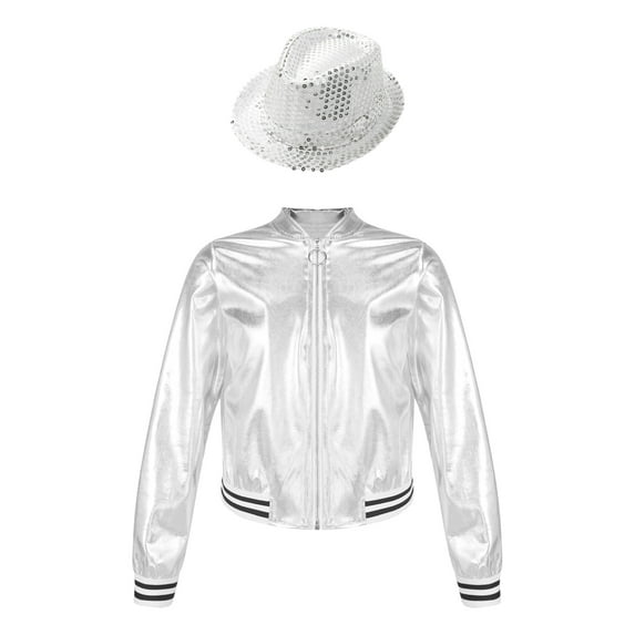 IEFIEL Girls Boys Metallic Bomber Jacket Juniors Long Sleeve Bronzing Coat Outerwear for Hip Hop Jazz Dance Silver-A 16