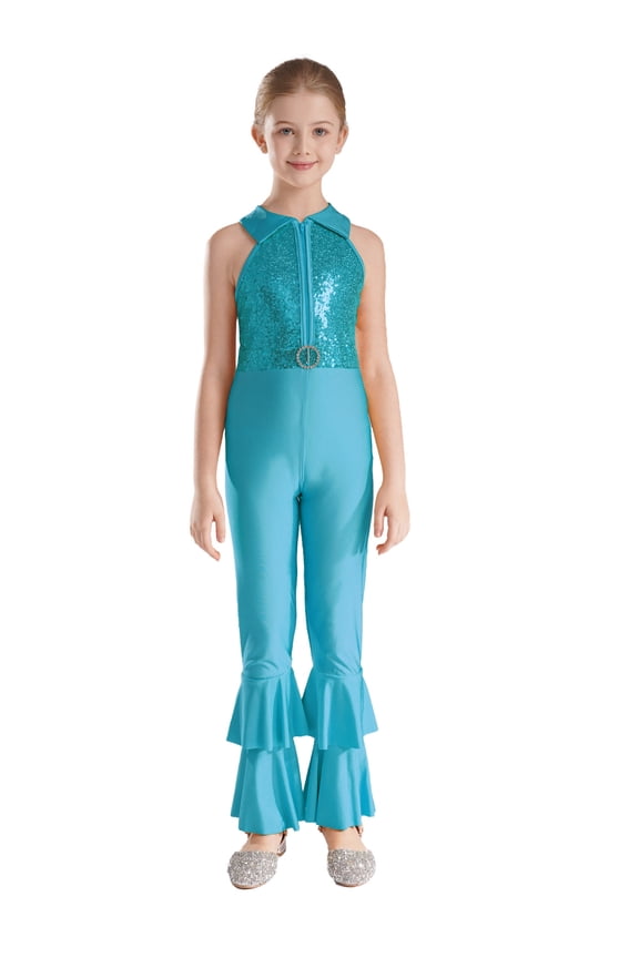 Girls Bronzing Cloth Sequins Mesh Patchwork Jumpsuit Zip-Up Ballet Modern Dance Unitard Shiny Sequin Ruffle Hem Dancewear Blue 12