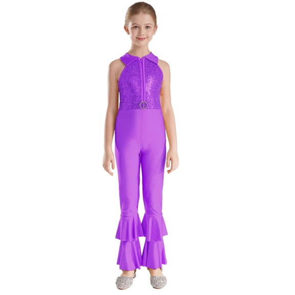 IEFIEL Girls Bronzing Cloth Sequins Mesh Patchwork Jumpsuit Zip-Up Ballet Modern Dance Unitard Shiny Sequin Ruffle Hem Dancewear Purple 14