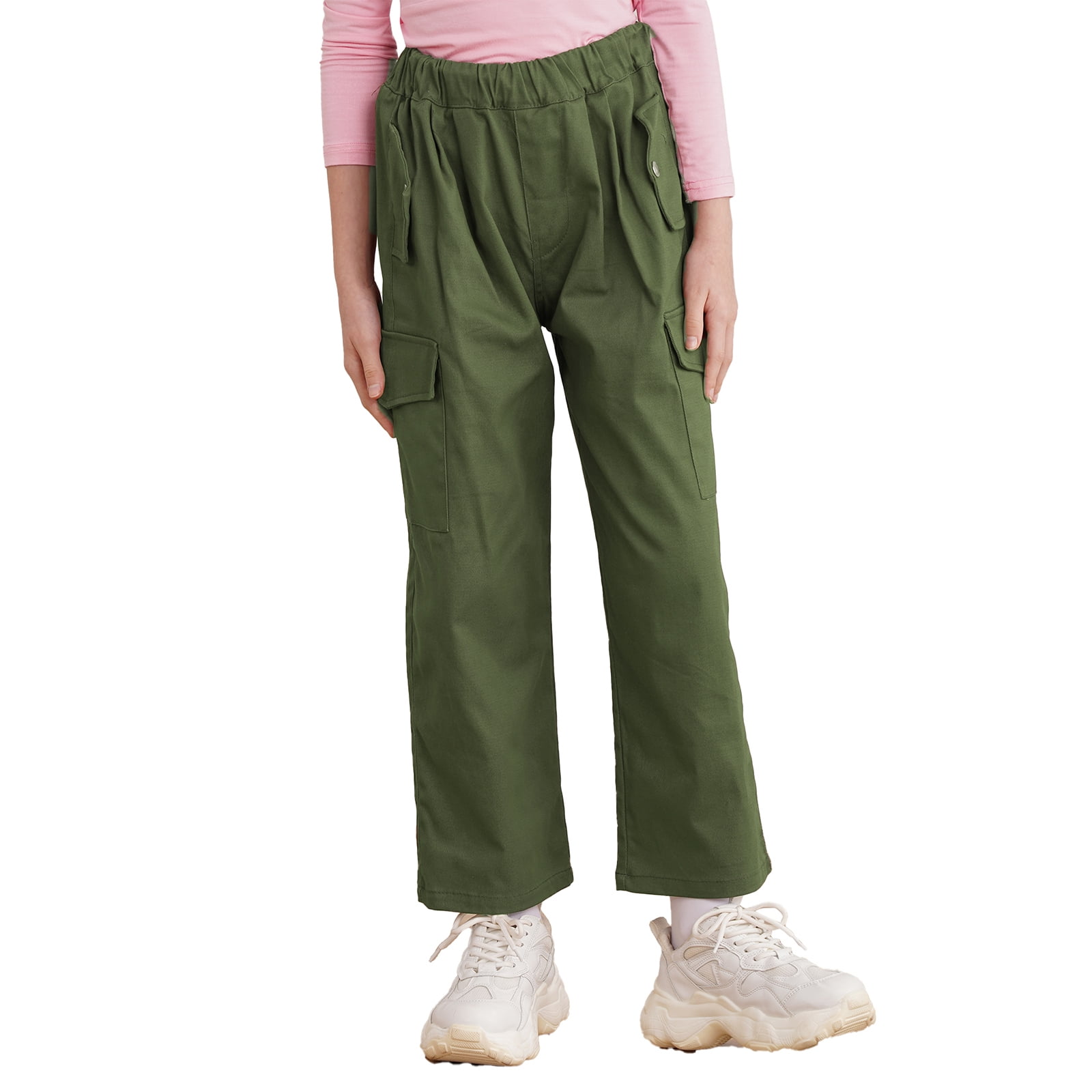 IEFIEL Girls Casual Jogger Cargo Pants Big Pockets Hip Hop Dance Pants  Hiking Climbing Sweatpants,Sizes 6-16 A Green 12