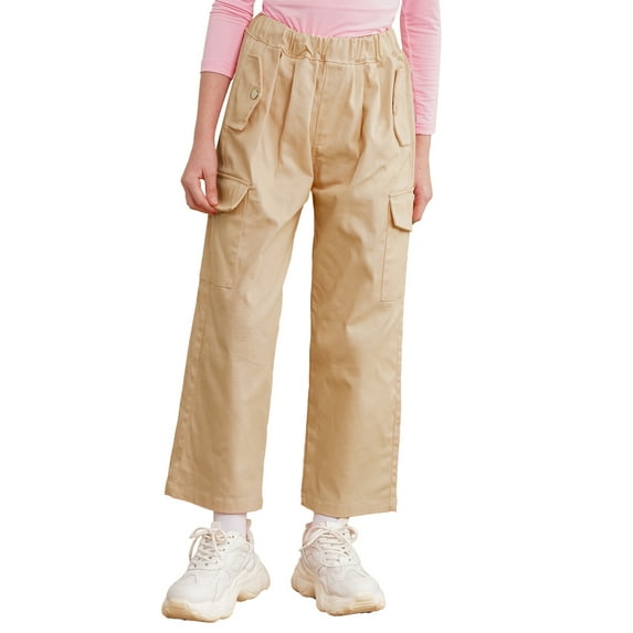 IEFIEL Girls Casual Jogger Cargo Pants Big Pockets Hip Hop Dance Pants Hiking Climbing Sweatpants,Sizes 6-16 Khaki 10