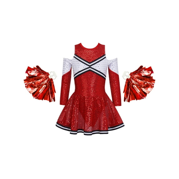 IEFIEL Girls Cheer Leader Cheerleading Costume Uniform Outfit Off-Shoulder Fancy Dress with Pompoms Red-B 6