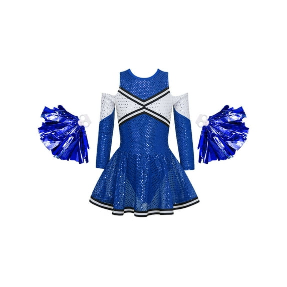 IEFIEL Girls Cheer Leader Cheerleading Costume Uniform Outfit Off-Shoulder Fancy Dress with Pompoms Royal Blue-B 12