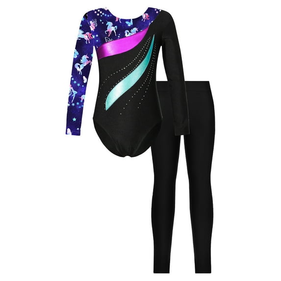 IEFIEL Girls Gymnastics Yoga Suit Long Sleeve Rhinestone Leotard with Leggings Athletic Outfit Dancewear Fairy 14