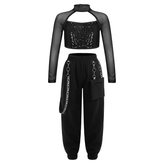 IEFIEL Girls Hip Hop Street Dance Costume Sequins Open Back Crop Top with Chain Jogger Pants Dancewear Black 16