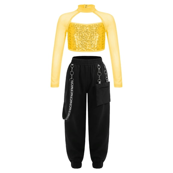 IEFIEL Girls Hip Hop Street Dance Costume Sequins Open Back Crop Top with Chain Jogger Pants Dancewear Gold 14