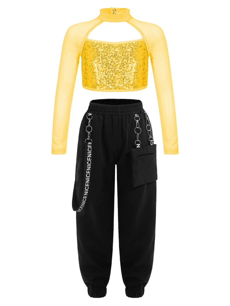 IEFIEL Girls Hip Hop Street Dance Costume Sequins Open Back Crop