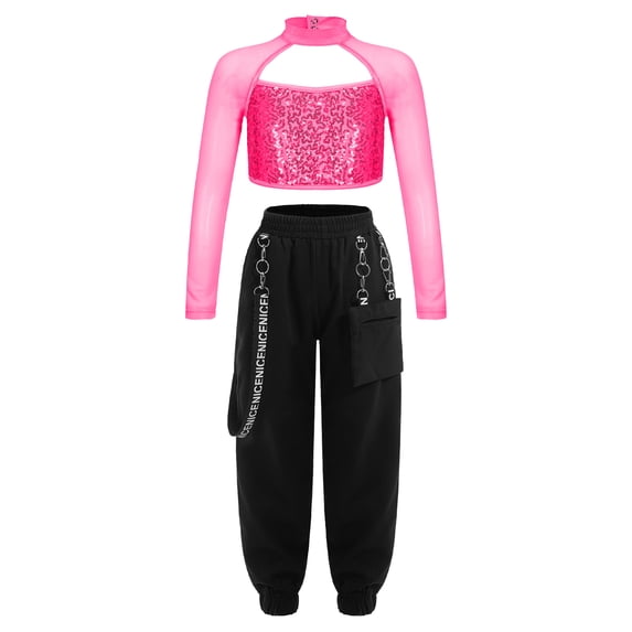 IEFIEL Girls Hip Hop Street Dance Costume Sequins Open Back Crop Top with Chain Jogger Pants Dancewear Hot Pink 8