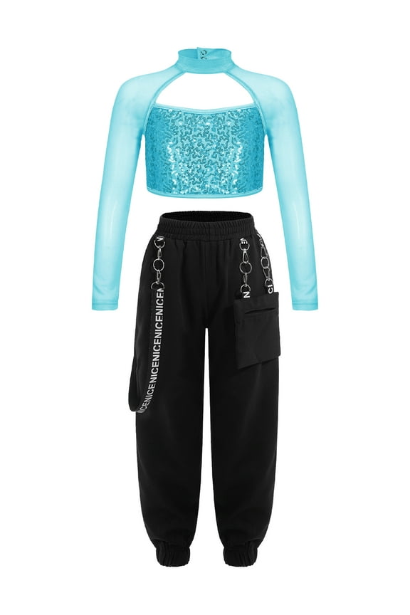 Girls Hip Hop Street Dance Costume Sequins Open Back Crop Top with Chain Jogger Pants Dancewear Lake Green 6