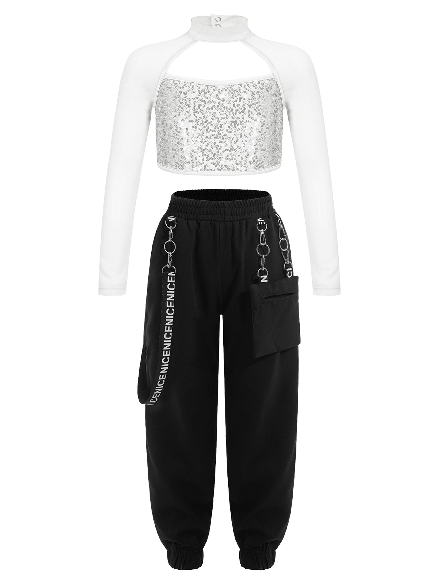 IEFIEL Girls Hip Hop Street Dance Costume Sequins Open Back Crop