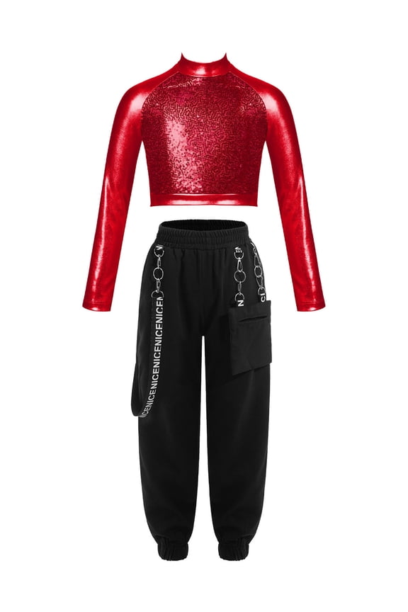 Girls Juniors 2Pcs Hip Hop Dance Outfit Metallic Sequins Crop Top with Chain Pocket Pants Gym Suit A Red 8