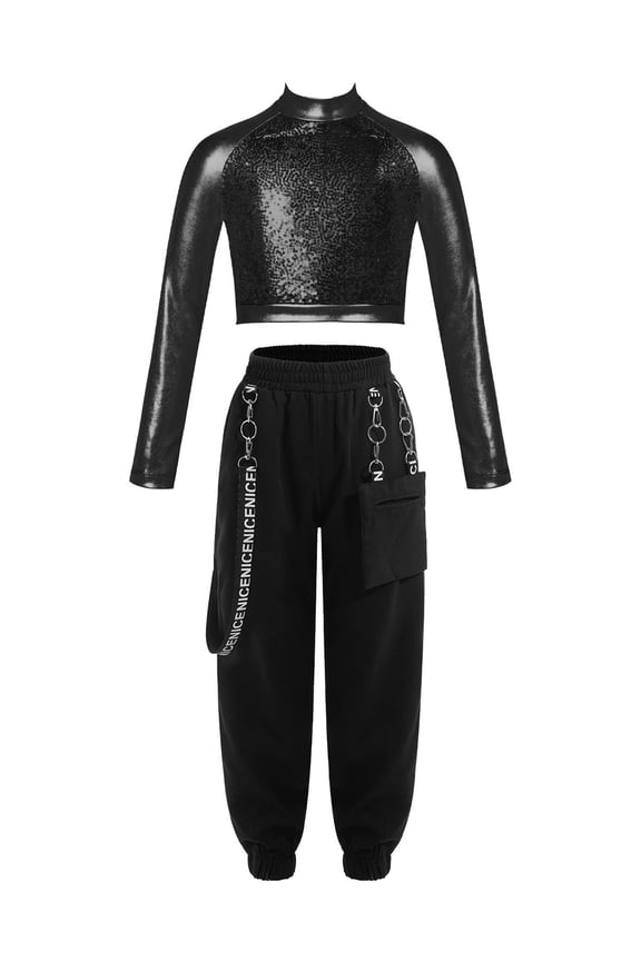 Girls Juniors 2Pcs Hip Hop Dance Outfit Metallic Sequins Crop Top with Chain Pocket Pants Gym Suit Black 6