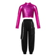 thumbnail image 1 of IEFIEL Girls Juniors 2Pcs Hip Hop Dance Outfit Metallic Sequins Crop Top with Chain Pocket Pants Gym Suit Hot Pink 14, 1 of 5