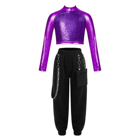 IEFIEL Girls Juniors 2Pcs Hip Hop Dance Outfit Metallic Sequins Crop Top with Chain Pocket Pants Gym Suit Purple 14