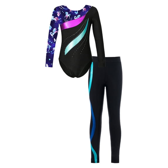 IEFIEL Girls Juniors Ice Skating Outfit Shiny Rhinestones Leotard with Pants Leggings Gym Suit Sportswear Navy Blue 12