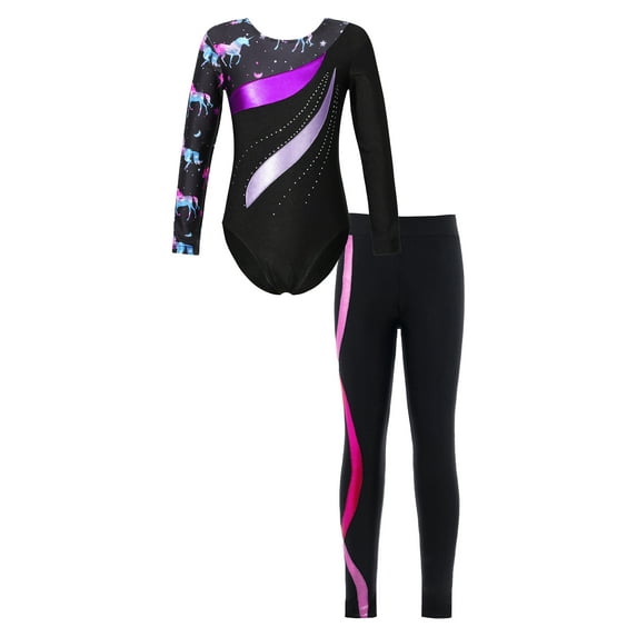 IEFIEL Girls Juniors Ice Skating Outfit Shiny Rhinestones Leotard with Pants Leggings Gym Suit Sportswear Purple&Hot Pink 6