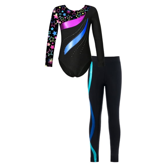 IEFIEL Girls Juniors Ice Skating Outfit Shiny Rhinestones Leotard with Pants Leggings Gym Suit Sportswear Star Black&Blue 12