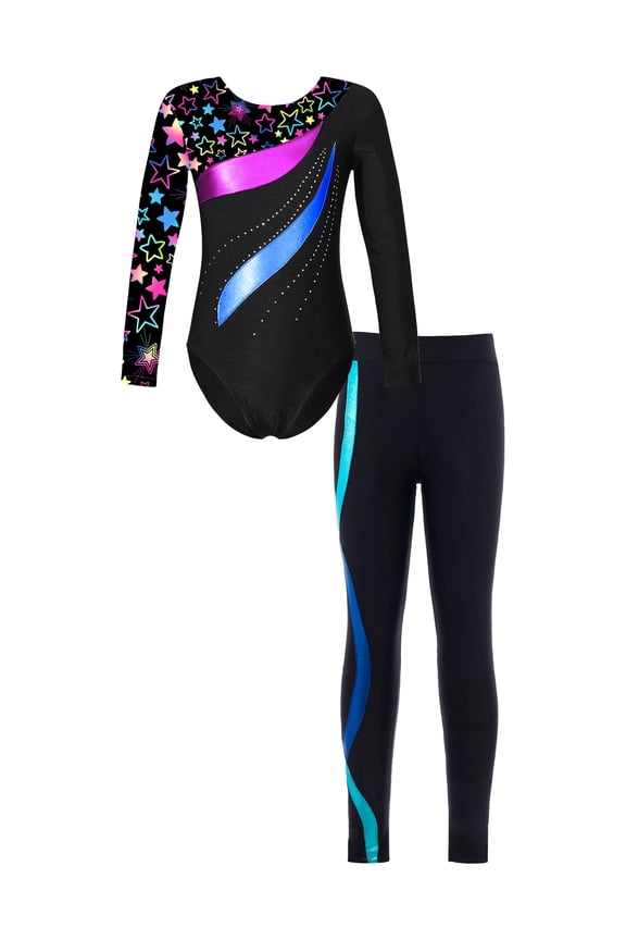 Girls Juniors Ice Skating Outfit Shiny Rhinestones Leotard with Pants Leggings Gym Suit Sportswear Star Black&Blue 14