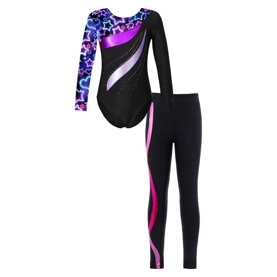 IEFIEL Girls Juniors Ice Skating Outfit Shiny Rhinestones Leotard with Pants Leggings Gym Suit Sportswear Starry Black&Hot Pink 12