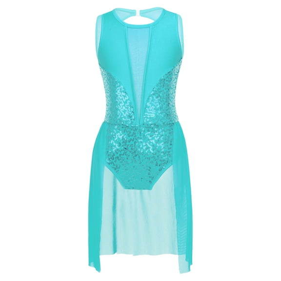 IEFIEL Girls Juniors Illusion Deep V Neck Ballet Leotard Sparkly Sequins Mesh Splice Modern Jazz Dance Dress