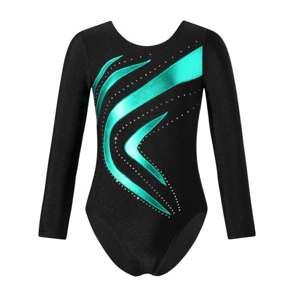 IEFIEL Girls Long Sleeve Dance Training Leotard Sparkle Glitters Gymnastics Workout Yoga Outfit Blue Green-B 4