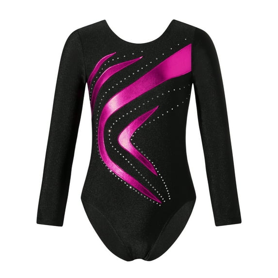 IEFIEL Girls Long Sleeve Dance Training Leotard Sparkle Glitters Gymnastics Workout Yoga Outfit Hot Pink-B 8