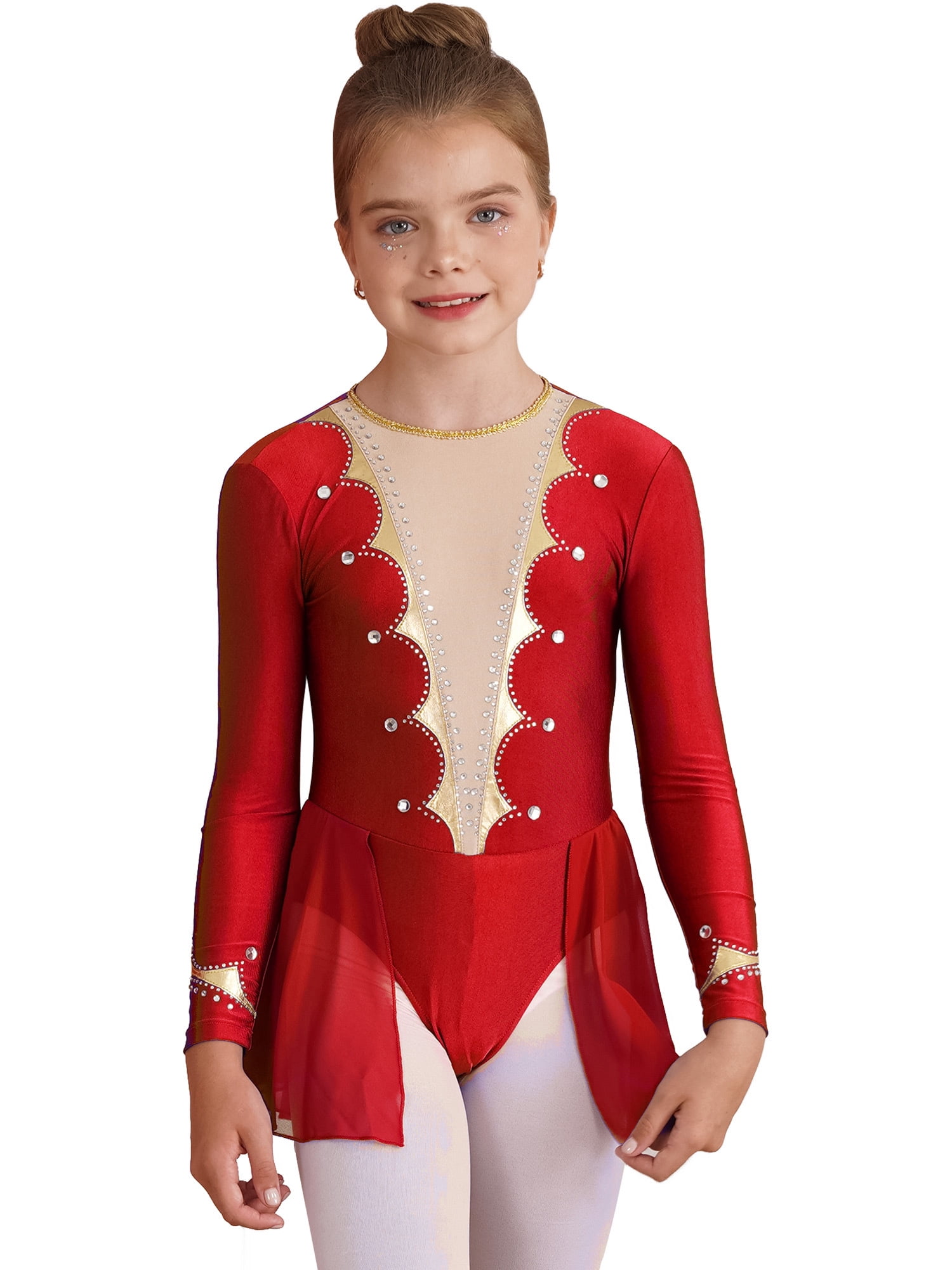 IEFIEL Girls Long Sleeve Shiny Rhinestones Figure Skating Jumpsuit