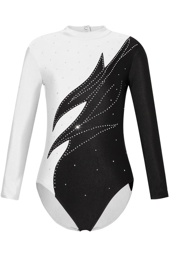 Girls Long Sleeve Stand Collar Gymnastic Dance Leotard Shiny Rhinestones Dancewear