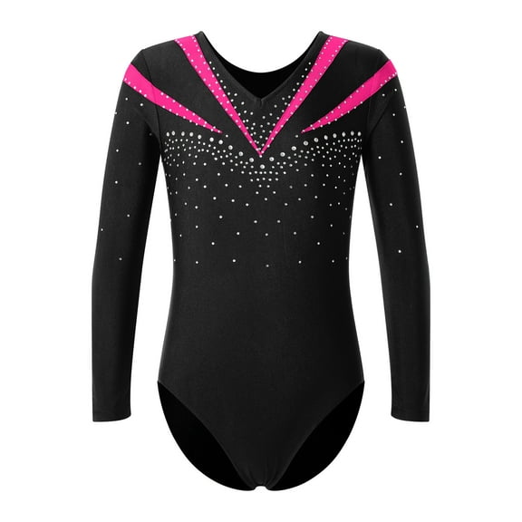 IEFIEL Girls Long Sleeves V Neck Shiny Glitters Gymnastics Dance Leotard,Sizes 6-16 Hot Pink-A 10